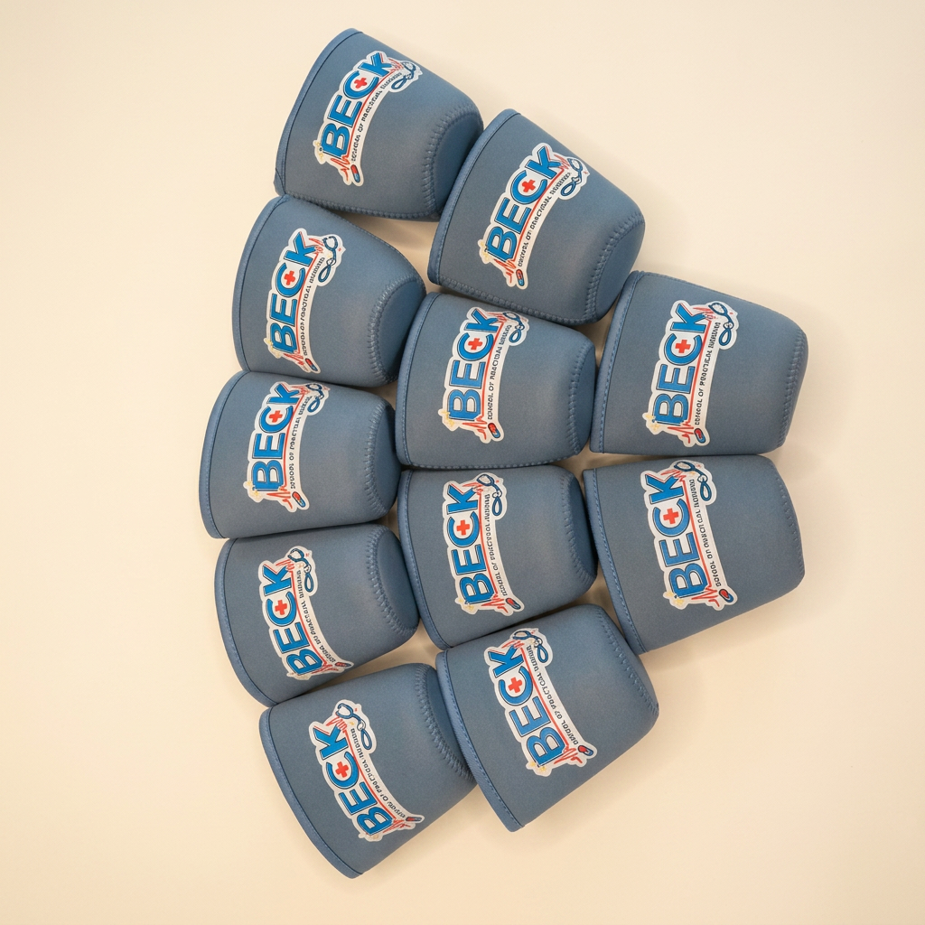 Slate blue nursing school logo drink sleeves for a group order