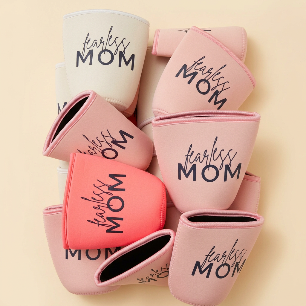Pink and cream 'fearless MOM' custom drink sleeves from a bulk order