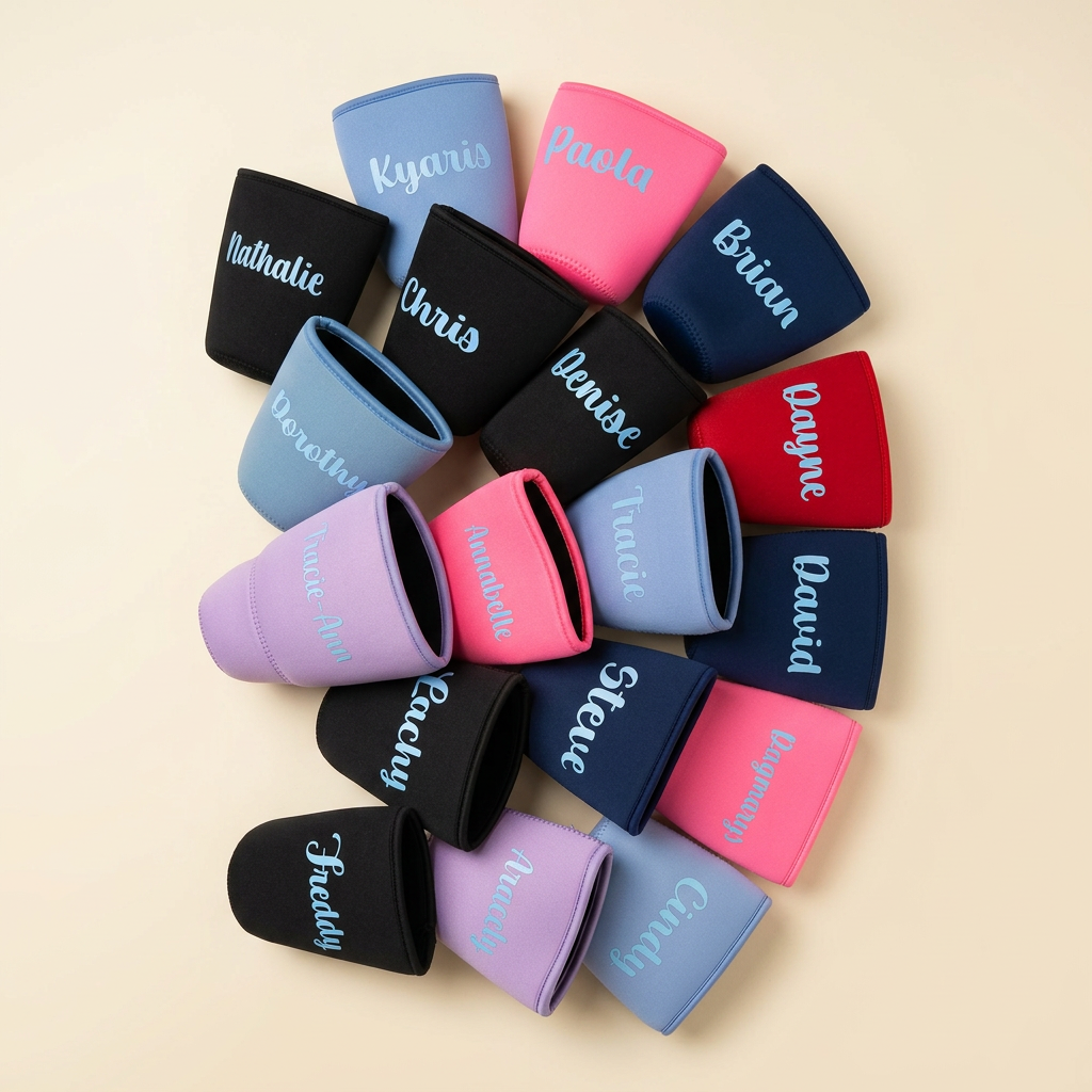 A large batch of personalized name drink sleeves in many colors