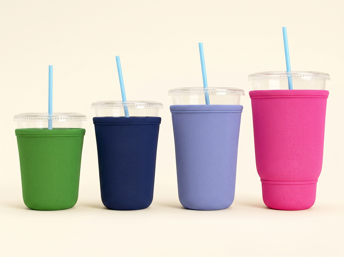 Small green, medium navy, large SW periwinkle, and XLB pink drink sleeves on cups with straws