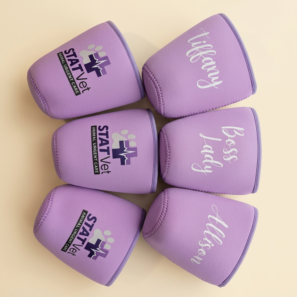 Lavender veterinary clinic logo and name drink sleeves