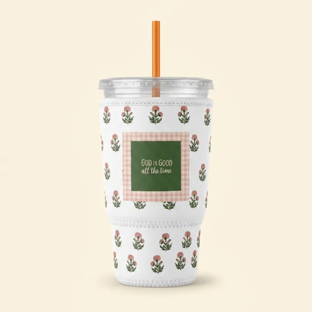 White custom sleeve with a floral pattern and custom quote panel