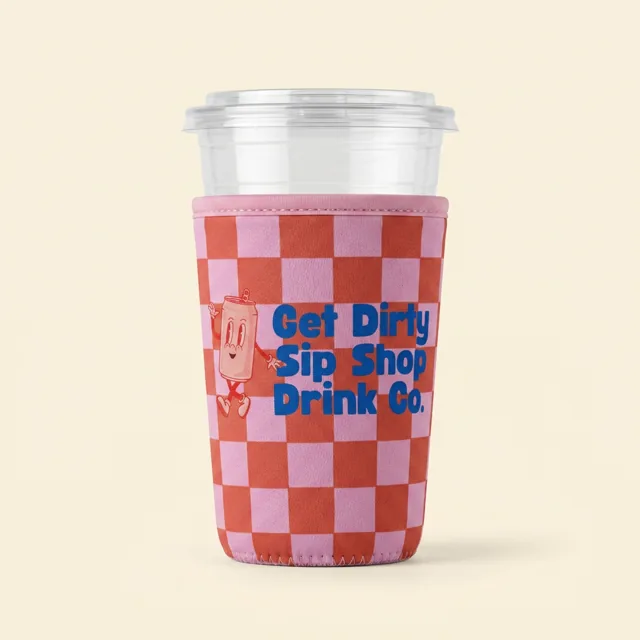 Checkered sleeve printed with a bold brand mascot and lettering