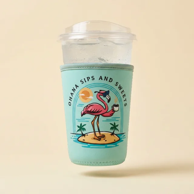 Mint sleeve with a flamingo logo on an iced drink cup